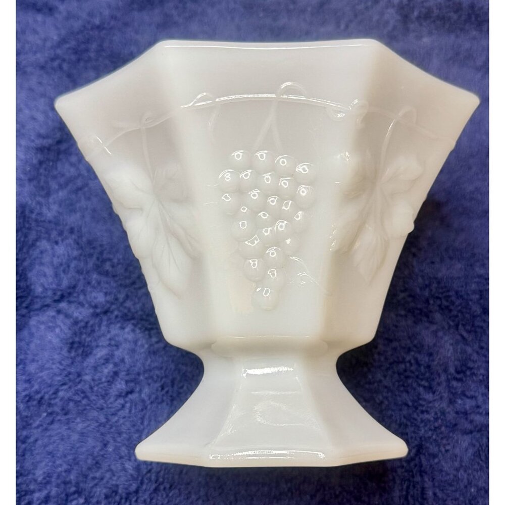 Vintage Milk Glass Pedestal Vase Grape & Leaf Design 6"